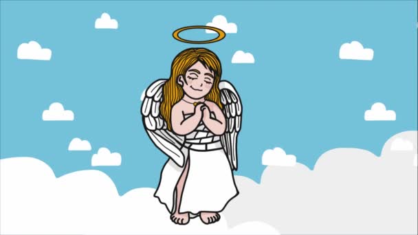 Мультяшный Ангел Движущимися Облаками Голубом Небе — стоковое видео