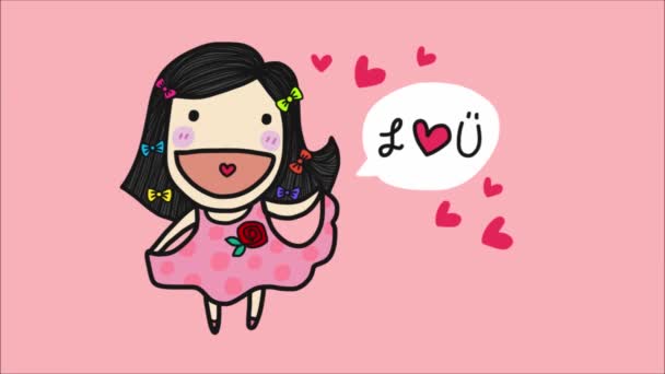 Cartoon Girl Flower Speech Bubble Love You Lettering Appearing Hearts — Stock Video