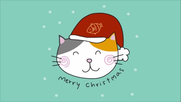 Kočka Santa Klobouku Animovanými Sněžnými Jezery Veselými Vánočními Nápisy — Stock video