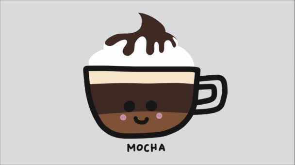 Cup Drink Cream Animated Smiley Face Mocha Lettering — Stock Video