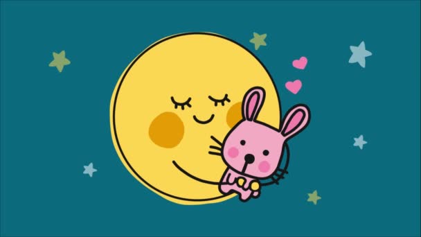にこにこ顔をしたマンガモンアニメーションの心と星とピンクのウサギ — ストック動画