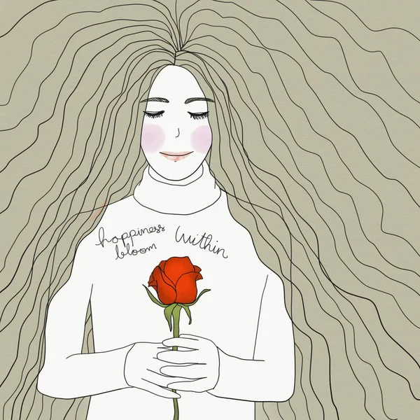 Belle Femme Avec Rose Rouge Main Bonheur Fleurir Dans Illustration — Photo