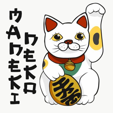 Şanslı kedi (Maneki Neko) para üzerinde Japonca kelime ile beyaz renk para karikatür vektör çizimi