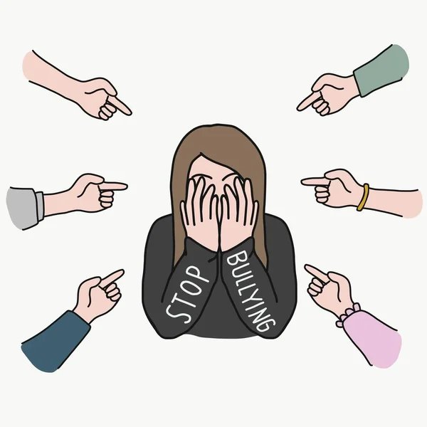 Bullying Hand Point Finger Crying Girl Vector Illustration — Stock Vector