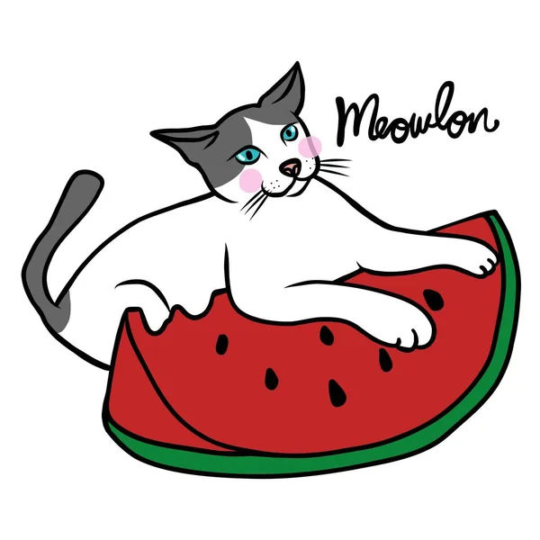 Katt Och Vattenmelon Tecknad Vektor Illustration — Stock vektor