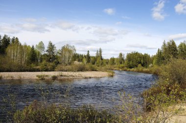  Yaz mevsimi su, nehir, ağaçlar, mavi gökyüzü, kabarık bulutlar, yapraklar, nehir kenarındaki çakıl taşları. 