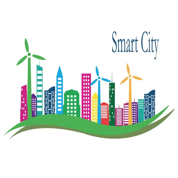 Smart City Konzept. Bunte Vektorillustration mit Internet- und Verbindungssymbolen — Stockvektor