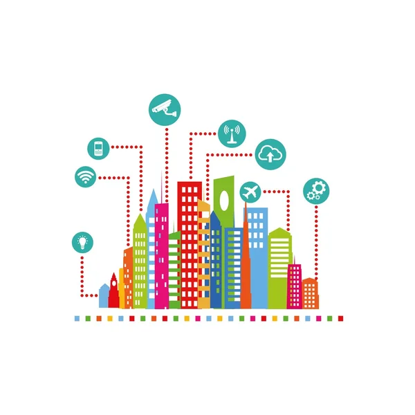 Concepto de ciudad inteligente. Ilustración vectorial colorida con iconos de Internet y conexión — Vector de stock