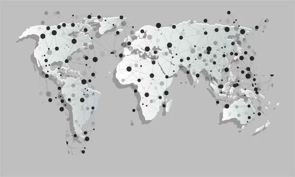 Современная бумага вырезает инфографический шаблон карты мира с соединяющими точками, изолированными на синем бизнес-фоне. Интернет вещей. Абстрактная векторная иллюстрация. Web Лицензионные Стоковые Иллюстрации