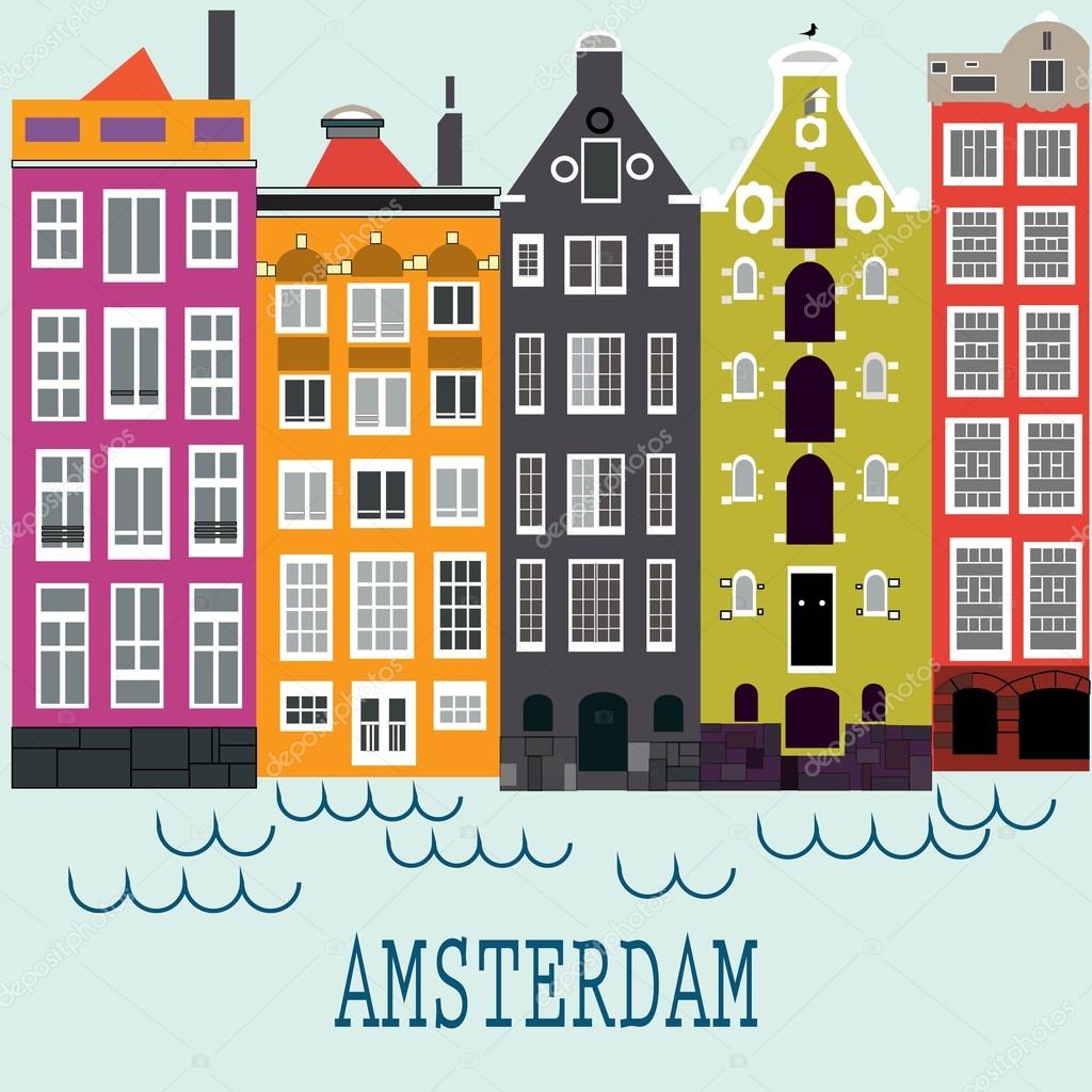 Colorful Amsterdam flat streets and channels seamless vector pattern