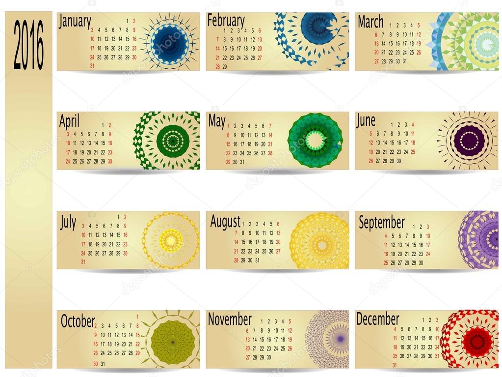 Calendar 2016. Vintage decorative elements. Oriental and geometrical pattern, vector illustration.