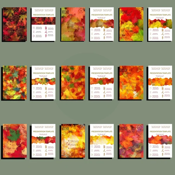 Set 18 Soyut Flyer Geometrik Üçgen Renkli Modern Arka Planlar - Eps10 Broşür Tasarım Şablonları, Canlı Sonbahar Renkler El İlanı Şablonu. Temiz ve Modern Konsept , A4 formatı — Stok Vektör