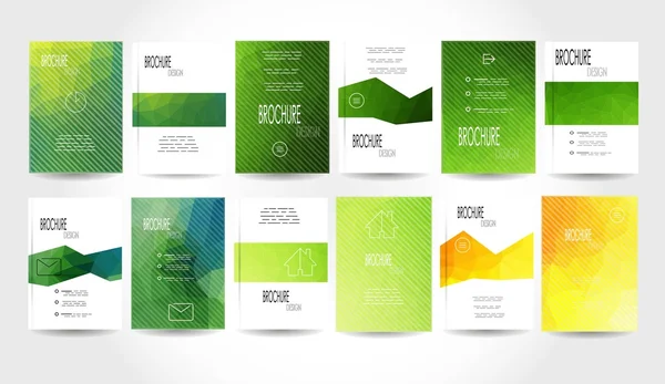 Conjunto de 12 Folheto Abstrato Geométrico Triangular Verde e Amarelo Fundos Modernos - EPS10 Brochura Modelos de Design, Modelo de Folheto Limpo e Moderno Conceito, formato A4 — Vetor de Stock