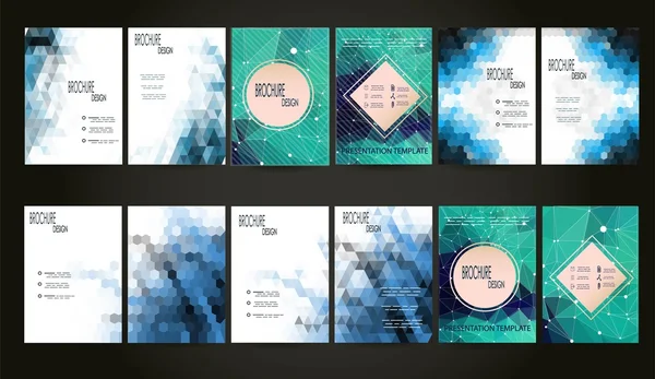 Mega Set van 12 abstracte Flyer geometrische driehoekige groen en blauwe moderne achtergronden - Eps10 Brochure Design Templates, boekomslagen, Flyer Template schone en moderne Concept, A4-formaat — Stockvector