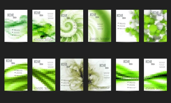 Набор из 12 абстрактных листовок Геометрический треугольный зеленый и желтый современный фон - EPS10 брошюра дизайн шаблоны, шаблон флаера чистой и современной концепции, формат А4 Лицензионные Стоковые Иллюстрации