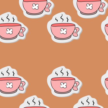 Bir fincan kahve ya da çay, sıcak içecek. Vektör kusursuz desen, illüstrasyon, kumaş ya da kağıt için dekoratif tasarım. Süs