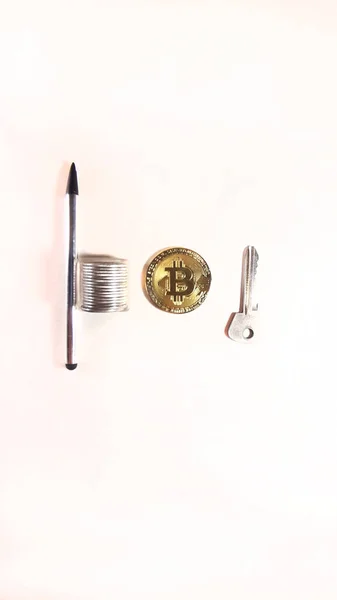 Bitcoin para, anahtar, Stylus fotoğraf üst görüntü düzeni. Madencilik işi, zenginlik, şablon kavramı