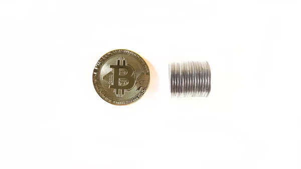 Bitcoin paraları, zenginlik, başarı fotoğrafı üst görüntü düzeni. Madencilik işi, zenginlik, şablon kavramı