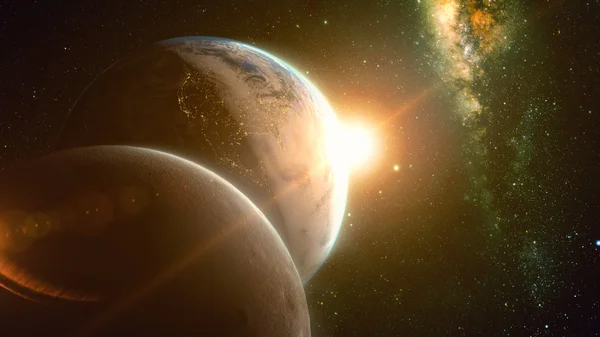 Gezegen dünya ve ay üzerinden muhteşem gündoğumu görünüm