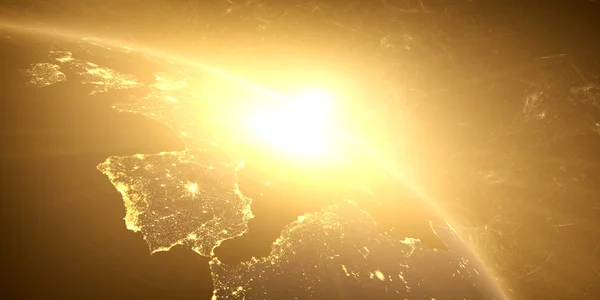 Gelber Sonnenaufgang, Sonnenbrand, zukünftige Erde aus dem All gesehen — Stockfoto