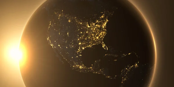 Gele sunrise, sunburst, toekomstige aarde gezien froom ruimte — Stockfoto
