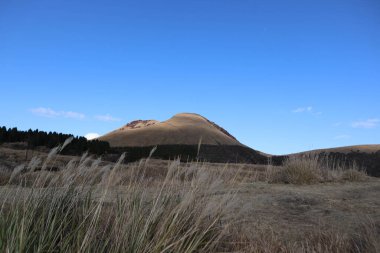Güzel otlak tepesi ve Aso Dağı 'ndaki volkan manzarası.