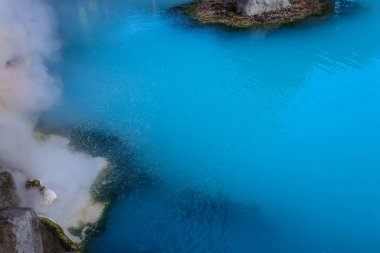 Tranquil Japanese Onsen Pool with Steam, Nature and Red Fence.