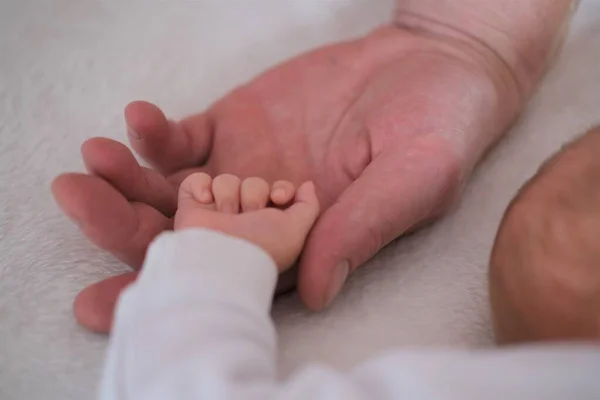 Ojciec trzyma rękę nowonarodzonego dziecka w dłoni. Ręce do góry. — Zdjęcie stockowe