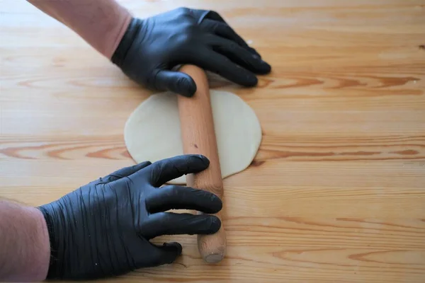 Khinkali Lamb Veal Wooden Table Flour Rolling Pin Cooking Process Georgian Cuisine Food Concept — Stock Photo, Image