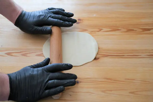 Khinkali Lamb Veal Wooden Table Flour Rolling Pin Cooking Process Georgian Cuisine Food Concept — Stock Photo, Image