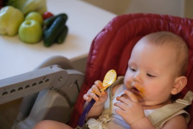 Çocuk sebze ve meyve püresi yiyor. Elma, brokoli, havuç, balkabağı. Bebek maması konsepti