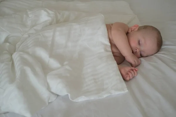 Seorang Anak Kecil Tidur Bawah Selimut Putih — Stok Foto