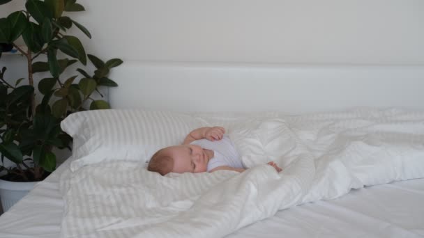 Un bambino che allatta dorme in un letto su lenzuola bianche. — Video Stock