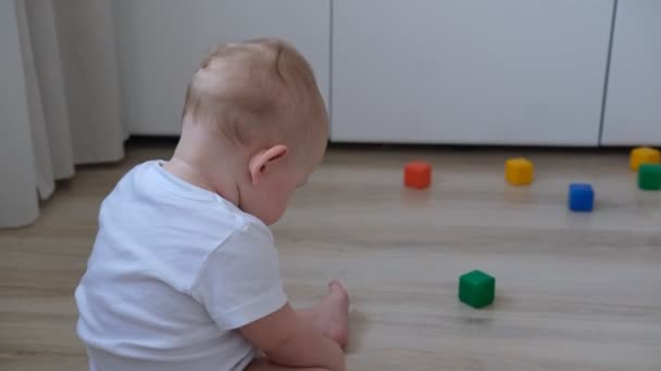 Een klein kind speelt op de vloer met gekleurde blokjes en bouwt er een piramide van.. — Stockvideo