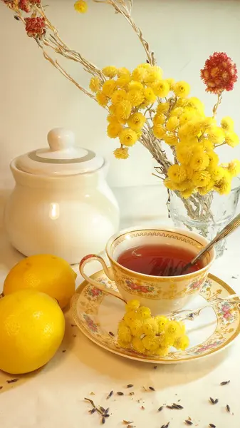 Tea Still Life Yellow Lemons Yellow Flowers Background Sugar Bowl Stock Image