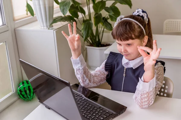 Kız Bilgisayar Dizüstü Bilgisayarla Öğreniyor Iletişim Kuruyor Konuşuyor Okul Konseptine — Stok fotoğraf
