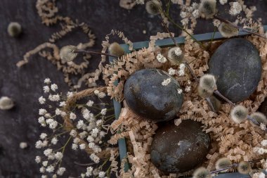 Ahşap bir kutuda koyu renkli yumurtalarla Paskalya kompozisyonu. Söğüt dalı. Paskalya 'nın asgari konsepti. Yazı için yeri olan bir Paskalya kartı..