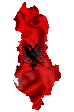 Arnavutluk 'un tekstil bayrağını sallamak ülke haritasını dolduruyor. Beyaz izole arkaplan, 3d illüstrasyon