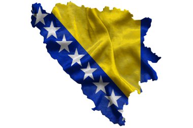 Bosna-Hersek 'in tekstil bayrağının dalgalanması ülke haritasını dolduruyor. Beyaz izole arkaplan, 3d illüstrasyon
