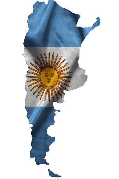 Argentína Textilzászlójának Lobogtatása Kitölti Ország Térképét Fehér Elszigetelt Háttér Illusztráció — Stock Fotó