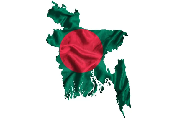 Waving Textile Flag Bangladesh Fills Country Map White Isolated Background — Stock Photo, Image