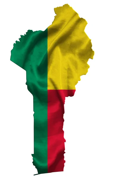 Waving Textile Flag Benin Fills Country Map White Isolated Background — Stock Photo, Image