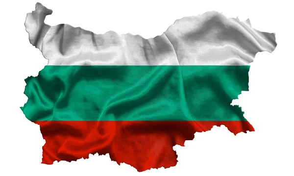 Розмахування Текстильним Прапором Болгарії Заповнює Карту Країни Білий Ізольований Фон — стокове фото