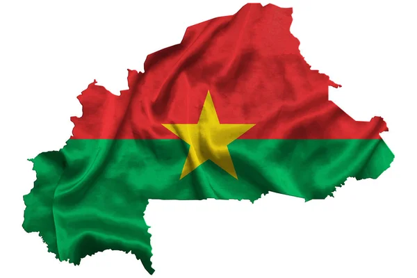Waving Textile Flag Burkina Faso Fills Country Map White Isolated — Stock Photo, Image