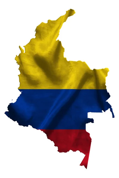 Acenando Bandeira Têxtil Colômbia Enche Mapa País Branco Isolado Fundo — Fotografia de Stock