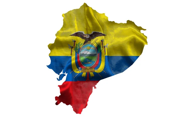 Размахивание Текстильным Флагом Эквадора Заполняет Карту Страны Белый Изолированный Фон — стоковое фото