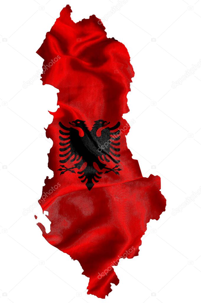 Waving textile flag of Albania fills country map. White isolated background, 3d illustration