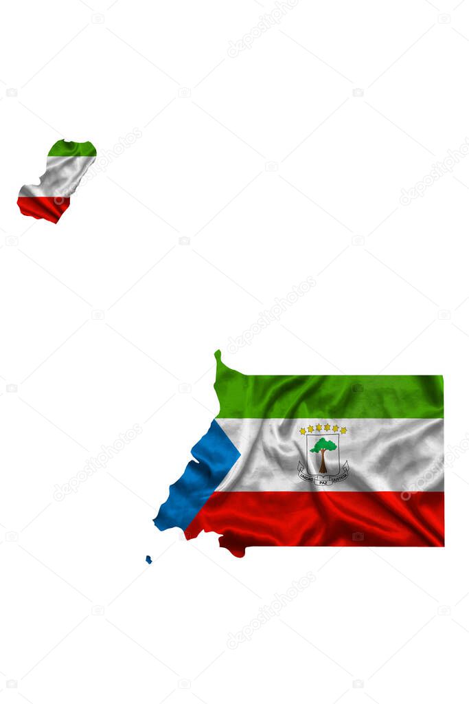 Waving textile flag of Equatorial Guinea fills country map. White isolated background, 3d illustration