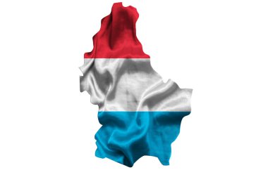 Lüksemburg 'un tekstil bayrağını sallamak ülke haritasını dolduruyor. Beyaz izole arkaplan, 3d illüstrasyon