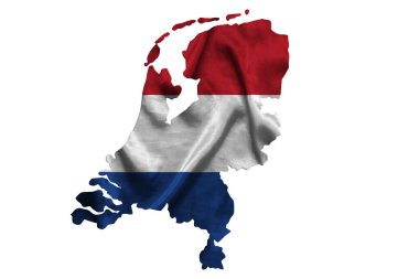 Hollanda 'nın tekstil bayrağını sallamak ülke haritasını dolduruyor. Beyaz izole arkaplan, 3d illüstrasyon